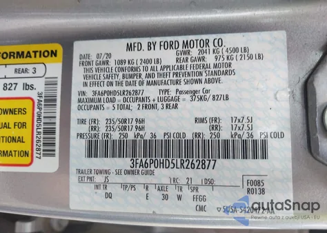 2020 Ford Fusion Se из США, поврежденный, VIN 3FA6P0HD5LR262877